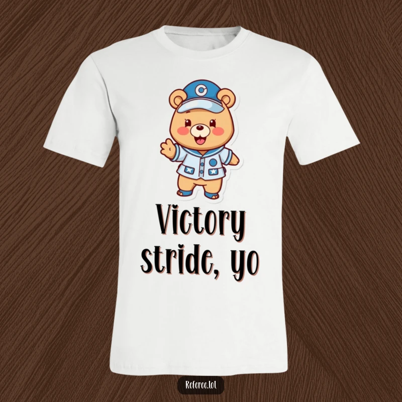 Funny bear coach t-shirt depicting a happy uniformed bear excitedly gesturing a play forward, ideal for team spirit and casual wear.