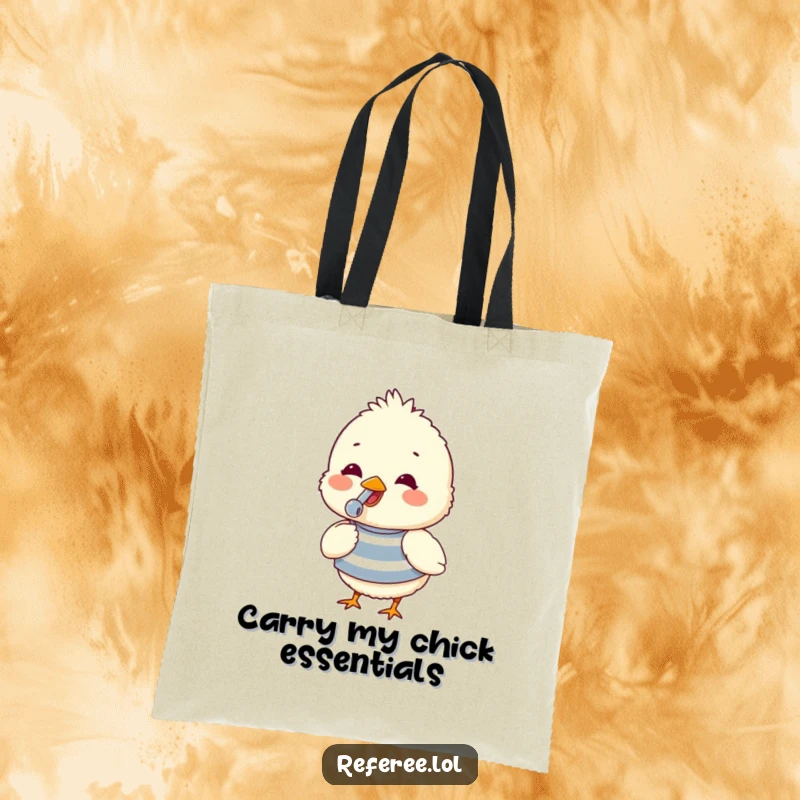 Funny tote bag with a fluffy chick in a striped shirt, blowing a whistle with glee, perfect for cheerful everyday use.