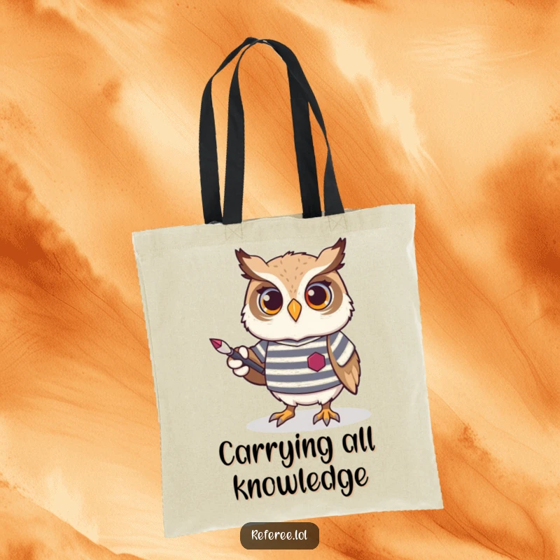 Funny Owl Tote Bag depicting a proud owl in a striped jersey, holding a pointer, ideal for carrying essentials with scholarly humor.