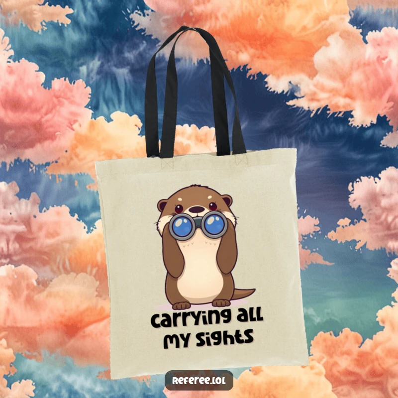 Funny tote bag depicting a curious otter peering through oversized binoculars, a humorous and practical accessory for explorers.
