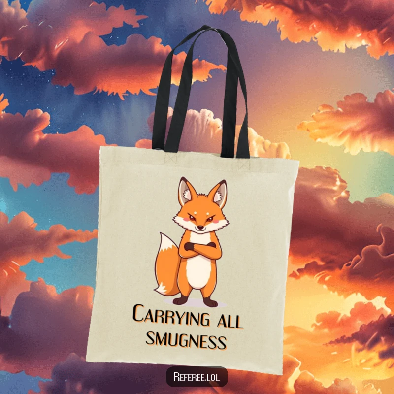 Funny proud fox with arms crossed and a stern look, printed on a durable tote bag, showcasing humorous determination.