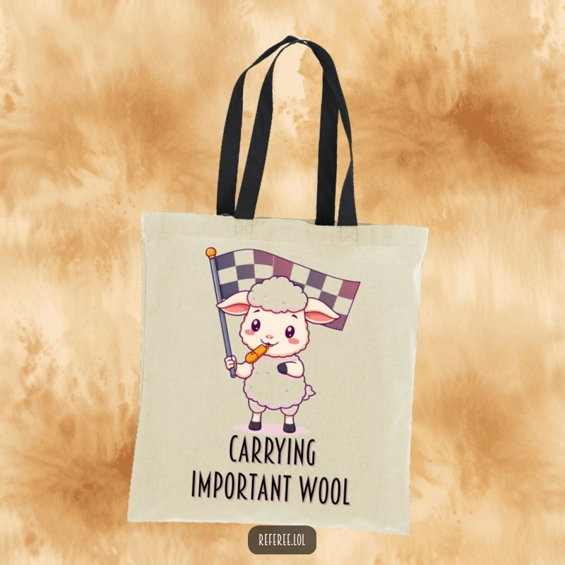 Funny tote bag with a kawaii sheep holding a referee whistle and a checkered flag, perfect for carrying game essentials with cute, funny style.