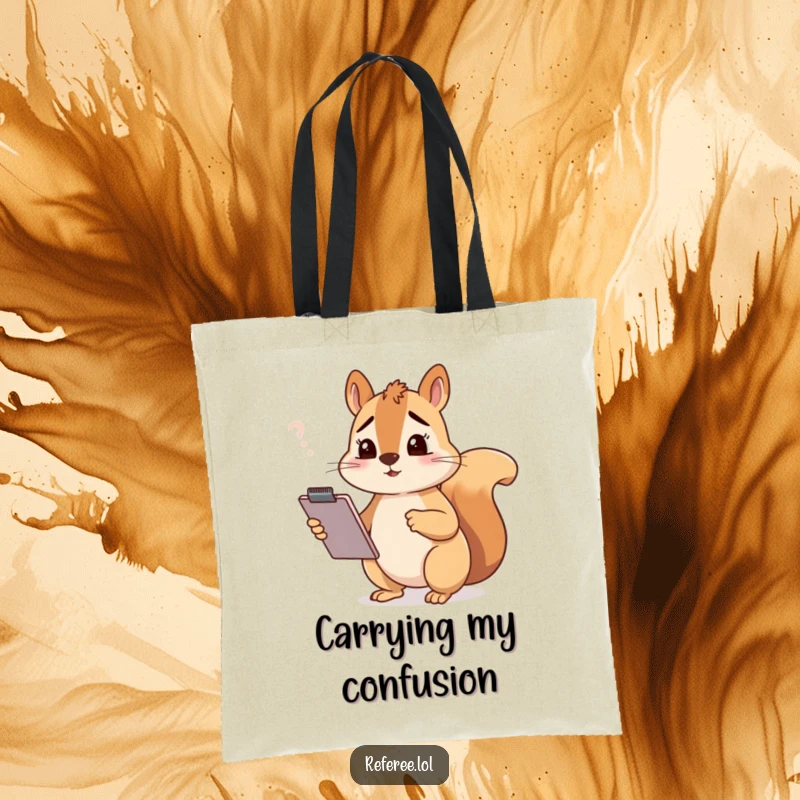 Funny squirrel with a clipboard looking confused, printed on a tote bag, ideal for a funny gift accessory.