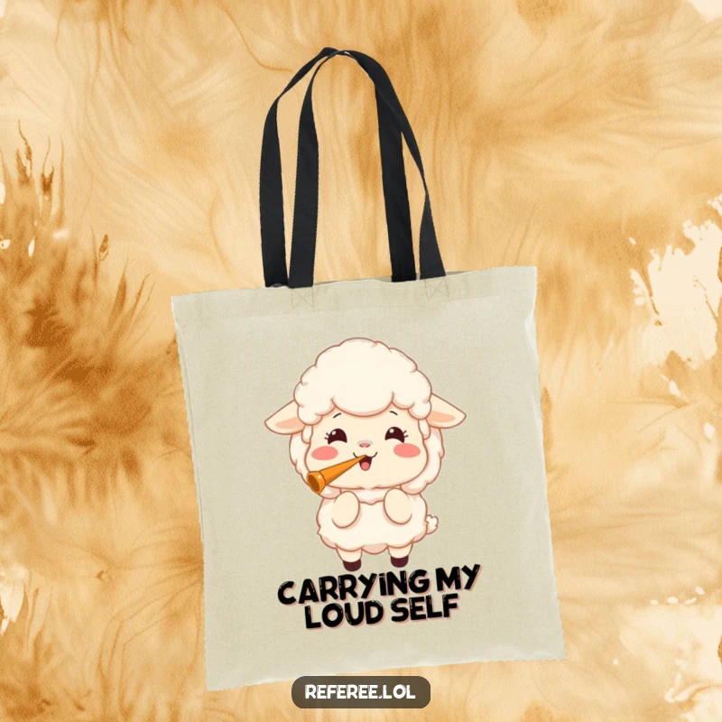 Funny tote bag with a joyful sheep blowing a loud whistle, symbolizing excitement and energetic fun.