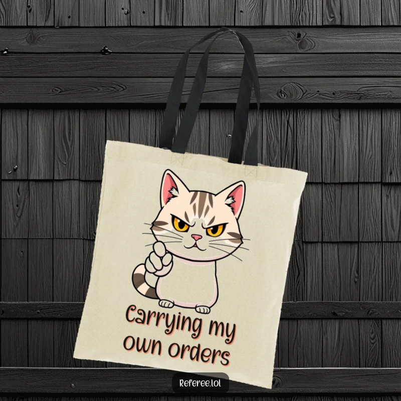 Funny tote bag with a determined cat, stern yet cute face, dramatically pointing, symbolizing direction and authority.
