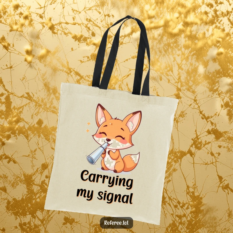 Funny cheerful fox blowing a shiny silver whistle, ready to signal fun, on a durable and funny tote bag.