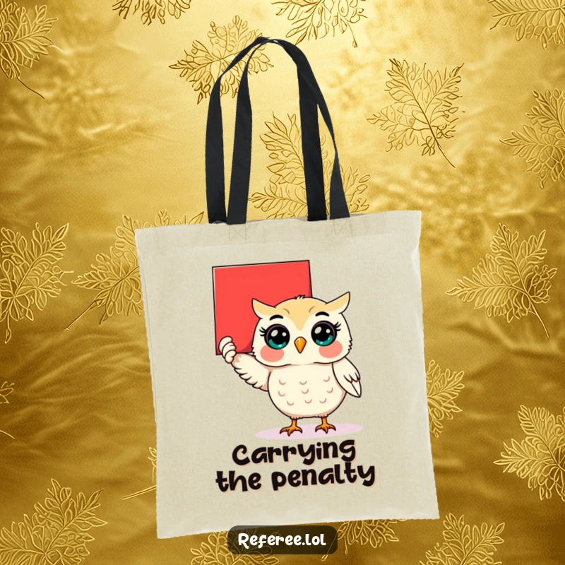 Funny surprised owl holding up a giant red card on a tote bag, warning about mistakes humorously.