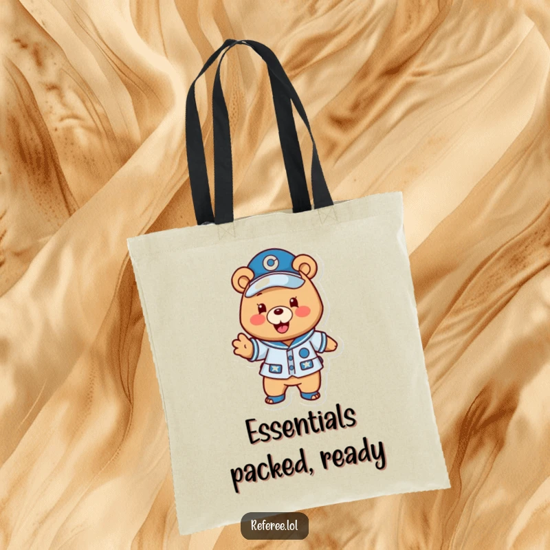 Funny bear coach tote bag featuring a happy uniformed bear excitedly gesturing a play forward, perfect for carrying sports essentials.
