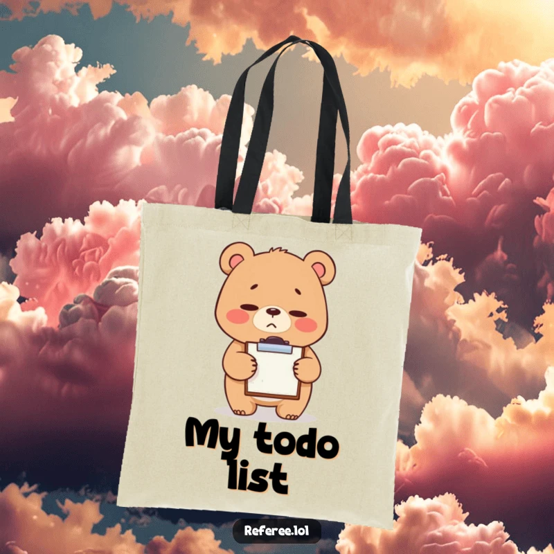 Funny tote bag with a giggling bear sporting a stern yet cute look, tapping a tiny clipboard, ideal for carrying essentials with office humor.