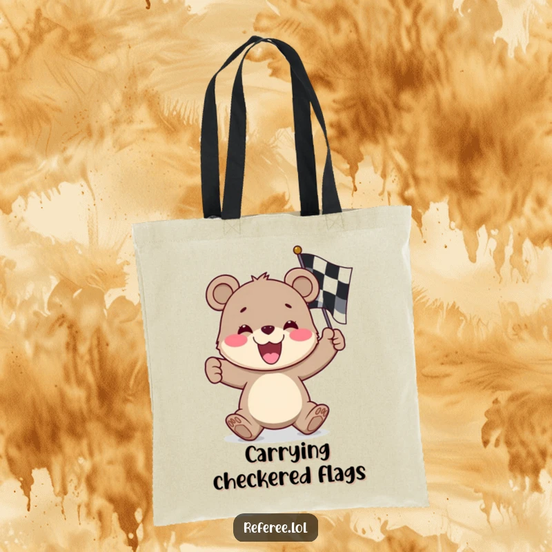 Funny bear cub tote bag, energetically waving a checkered flag, ready for adventure with a contagious grin.