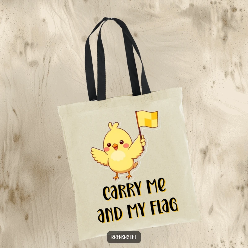 Funny tote bag with a cheerful bird excitedly waving a yellow checkered flag, symbolizing speed and triumphant moments.