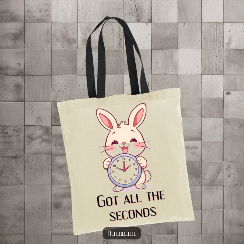 Funny bunny tote bag with a delighted bunny holding a stopwatch and smiling. Perfect for timekeepers and cheerful shoppers.
