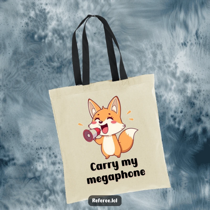 Funny tote bag with a cheerful fox holding a megaphone and pointing enthusiastically, perfect for carrying items with energetic flair.
