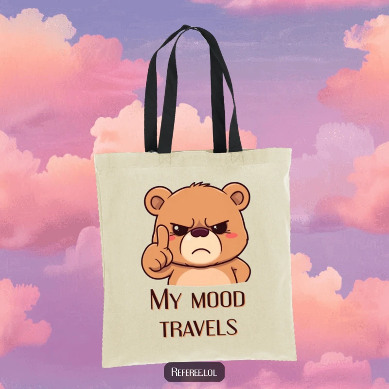 Funny grumpy bear tote bag with a stern bear pointing a finger and a frown, perfect for carrying essentials with a no-nonsense attitude.