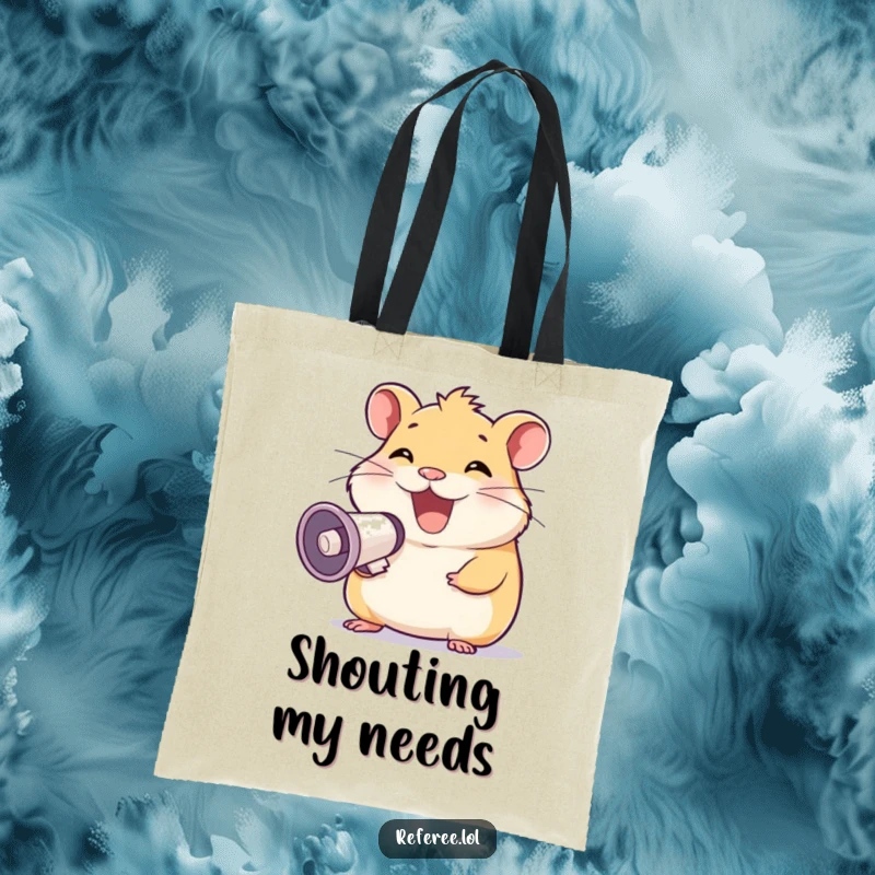 Funny tote bag depicting a happy hamster grinning and holding a megaphone, a humorous and practical accessory, a funny gift.