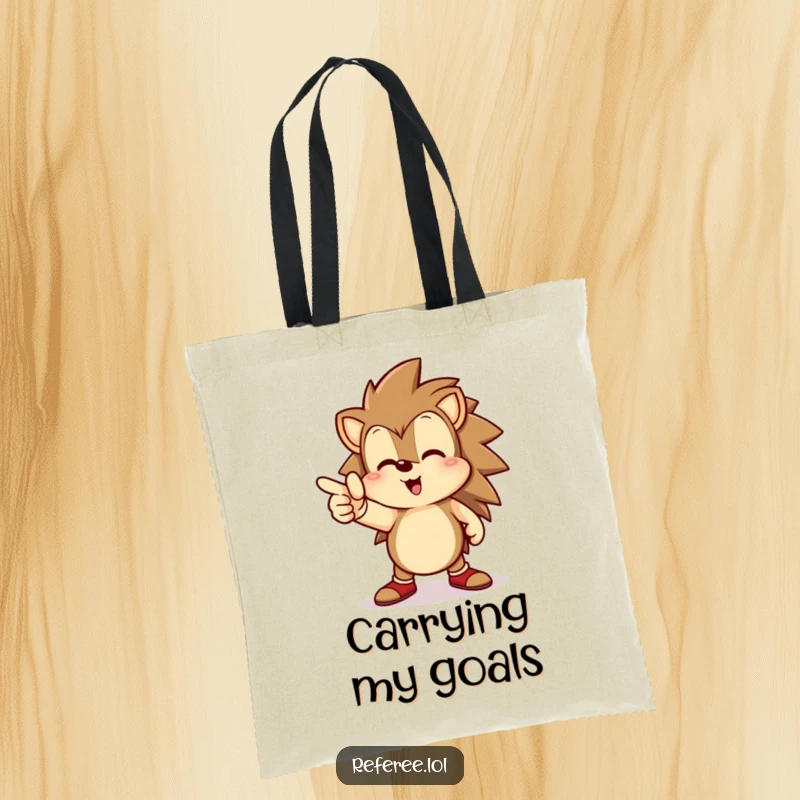 Funny hedgehog tote bag, happily pointing the way towards a goal line, ideal for carrying your aspirations.