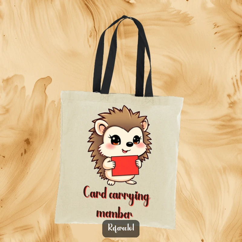 Funny tote bag showcasing a determined hedgehog holding a bright red card, perfect for carrying items with style and humor.