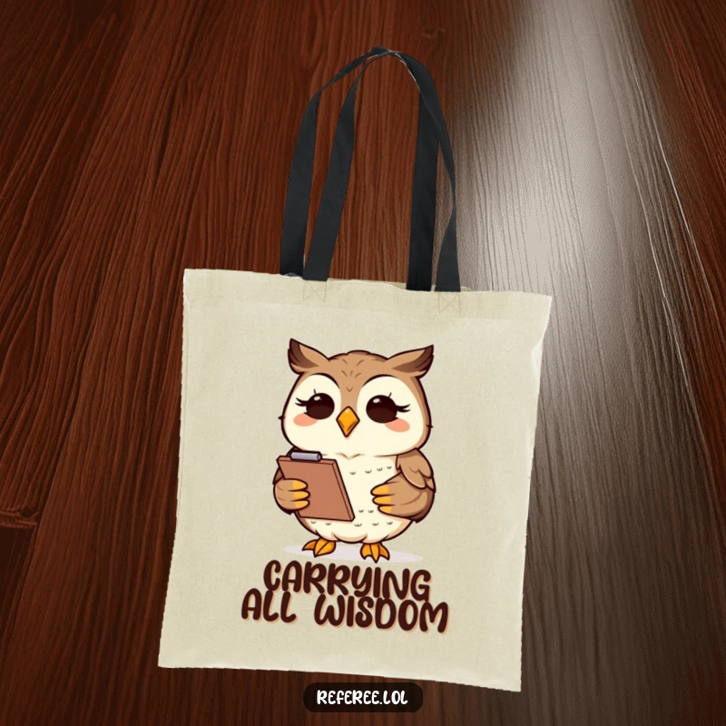 Funny wise owl holding a clipboard, ready to take important notes, on a durable and funny tote bag.