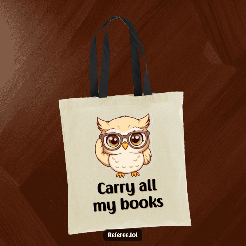 Funny Tote Bag: Curious owl character adjusting oversized glasses, a humorous and practical accessory for intellectual pursuits.