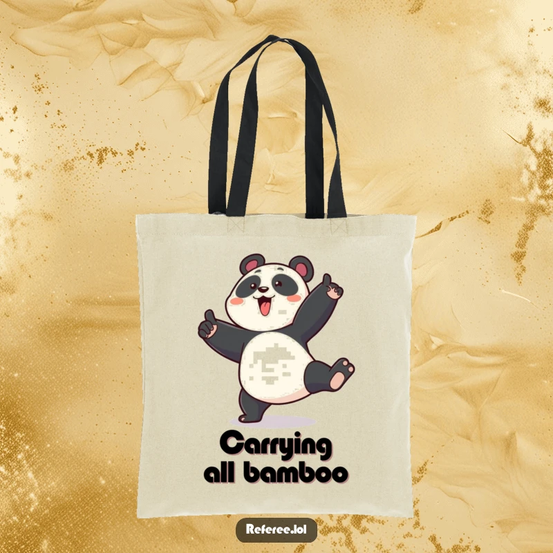 Funny tote bag with an enthusiastic panda stomping and pointing emphatically, ideal for carrying items with humorous style.