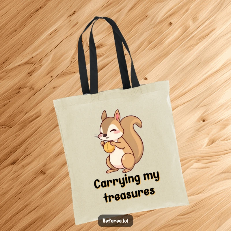 Funny squirrel tote bag depicting a playful squirrel balancing a small ball on its nose. Practical and humorously adorable.